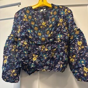 Anthropologie Yellow and Pink Ruffled Floral Long Sleeve Blouse